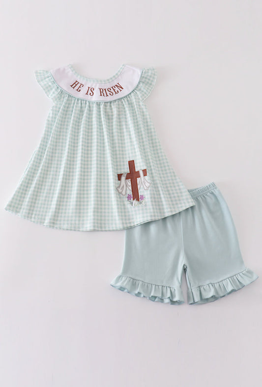 Girl’s “He is Risen” Embroidered Short Set