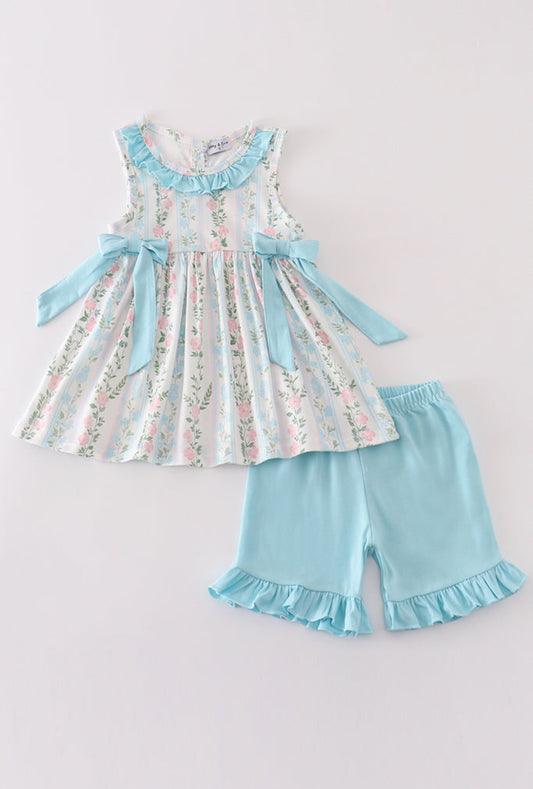 Girl’s Blue Floral Ruffled Shorts Set