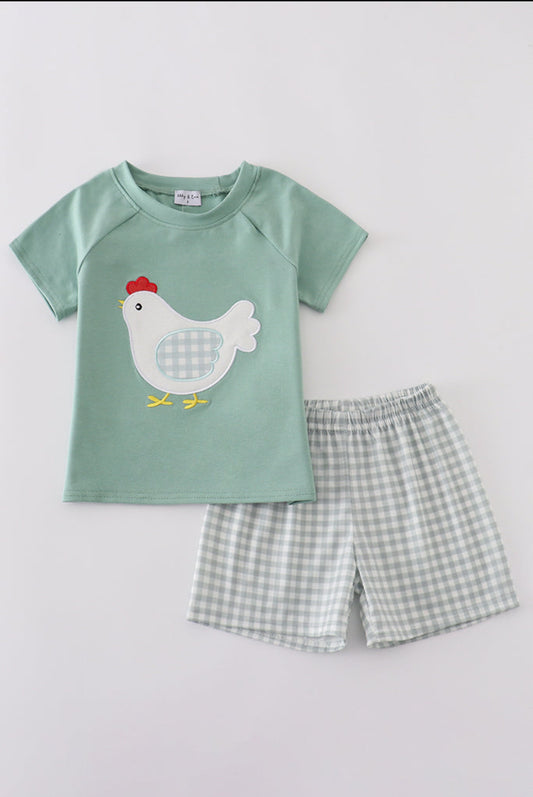 Boy’s Green Chicken Appliqué Short Set