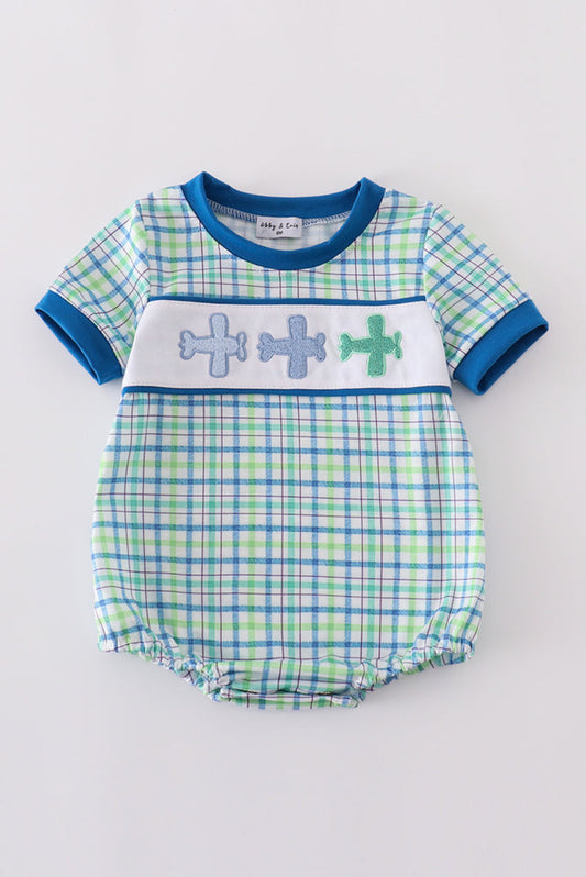 Blue Plaid Airplane Embroidery Boy’s Bubble