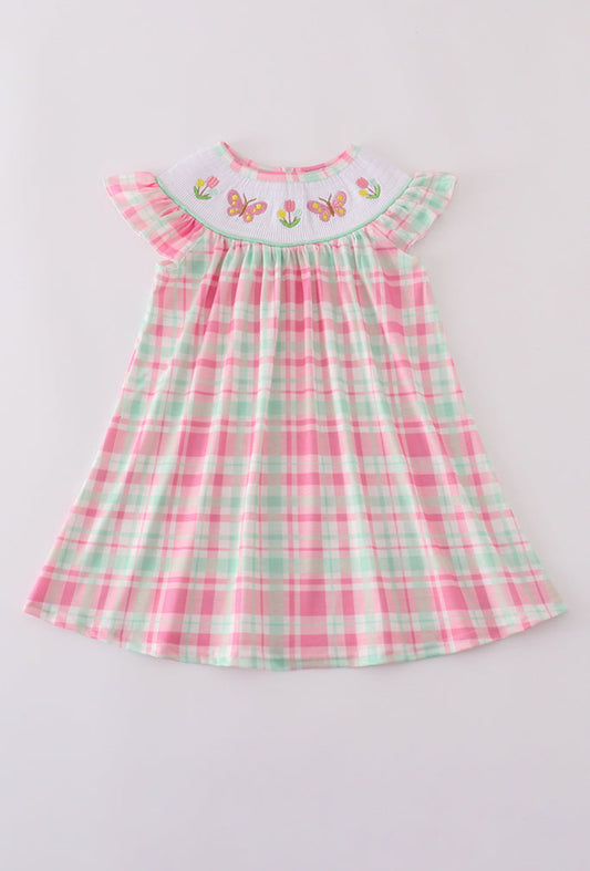 Pink Floral Butterfly Embroidery Smocked Plaid Dress
