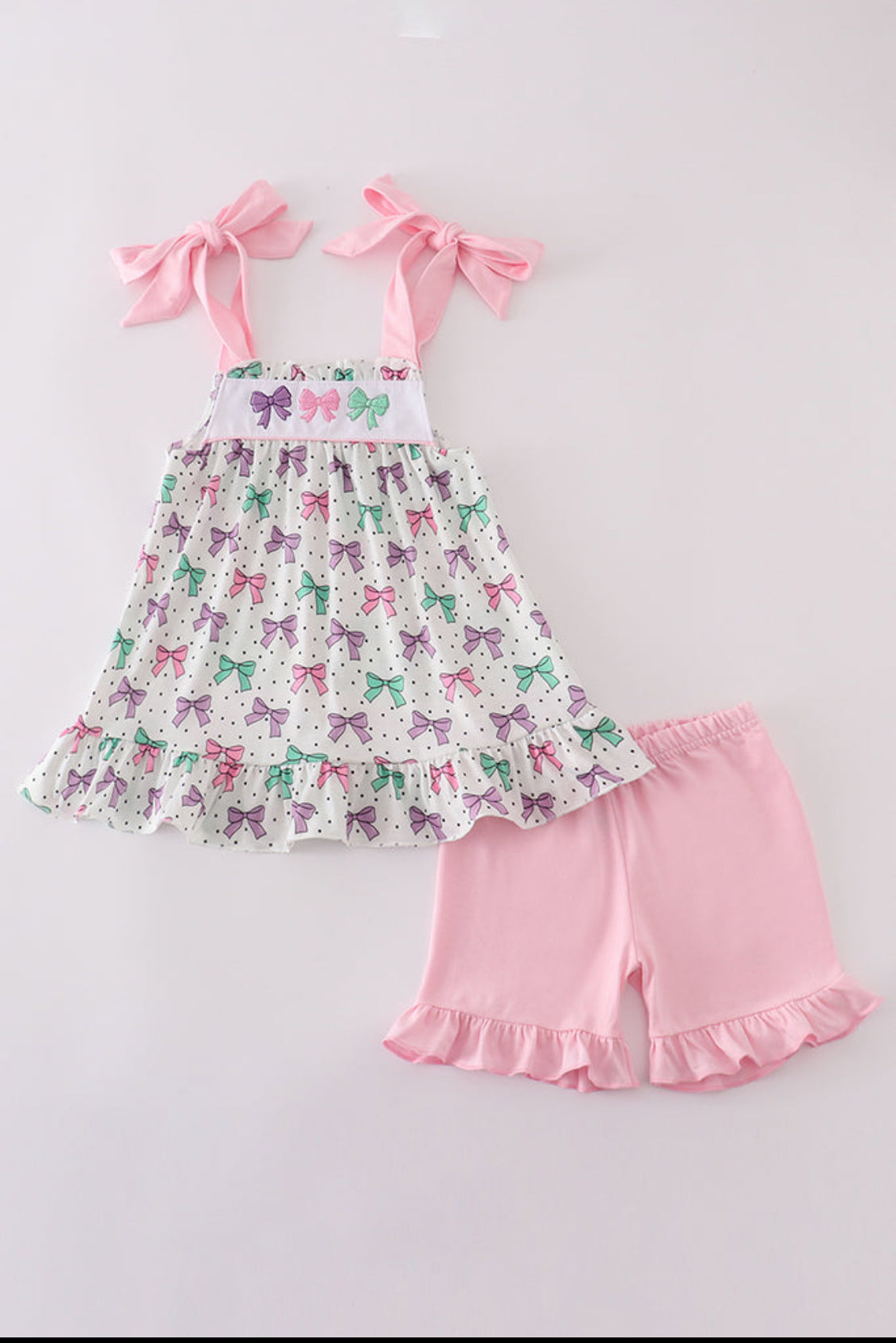 Pink Bow Embroidery Girl’s Ruffle Shorts Set
