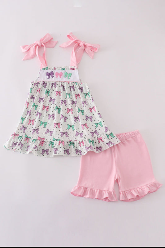 Pink Bow Embroidery Girl’s Ruffle Shorts Set