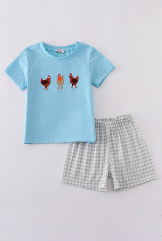 Blue Farm Chicken Embroidery Boy’s Short Set