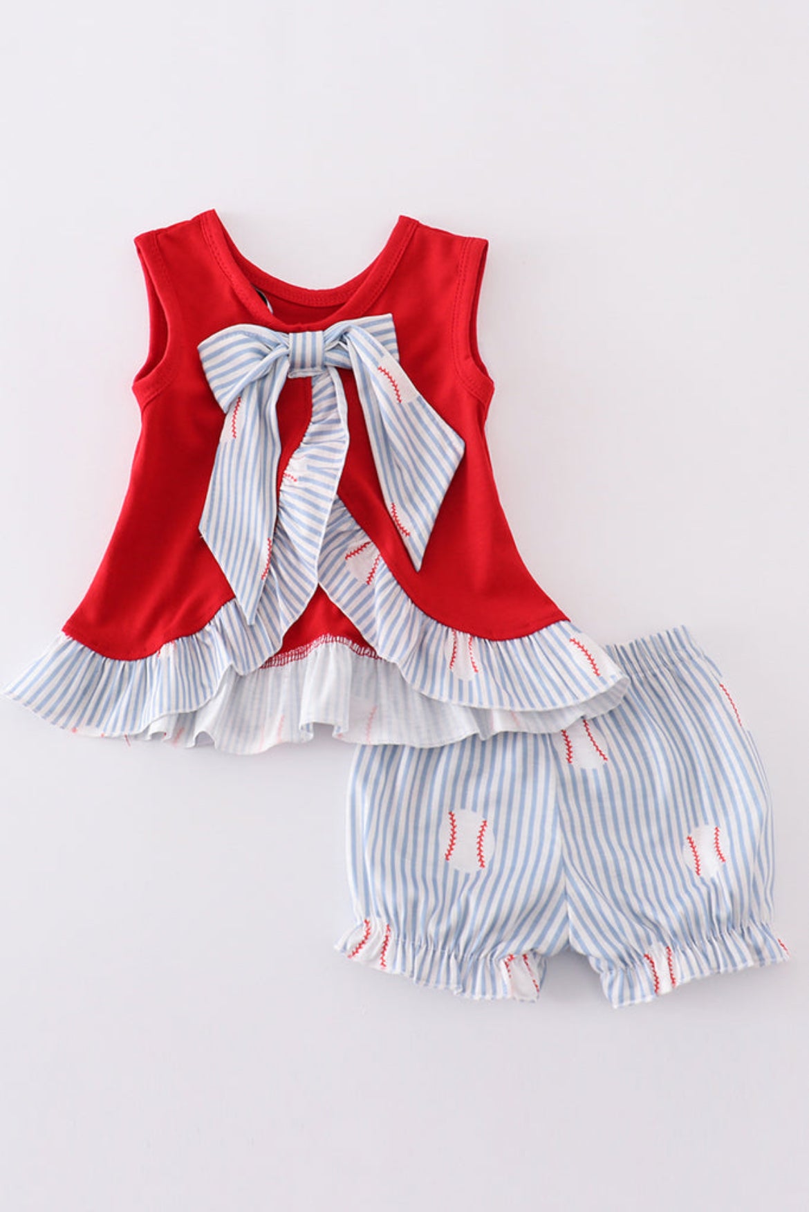 Girl’s Red Striped Bow Baseball Bloomer Set