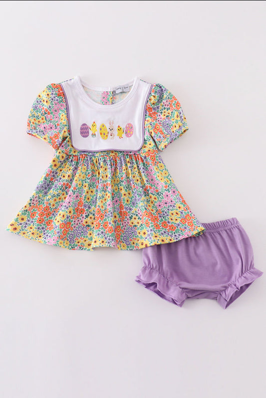 Easter Floral Bunny Egg Embroidery Girl’s Bloomer Set