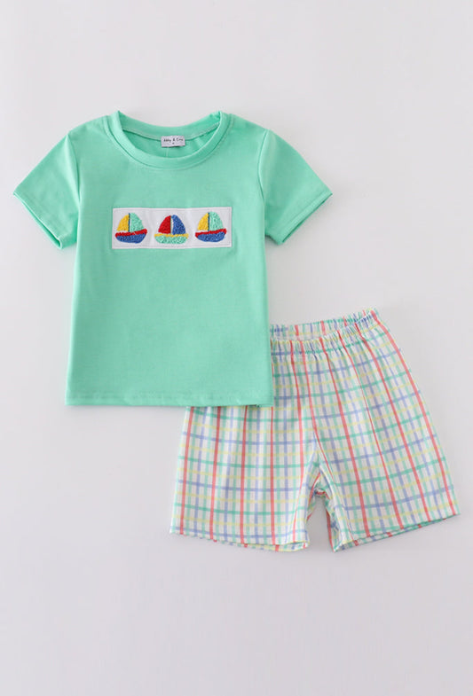 Boy’s Green Sailboat French Knot Short Set