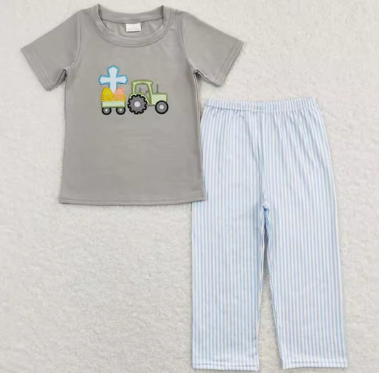 Boy’s “Crucifix in Tractor” Embroidered Shirt with Matching Pants Set