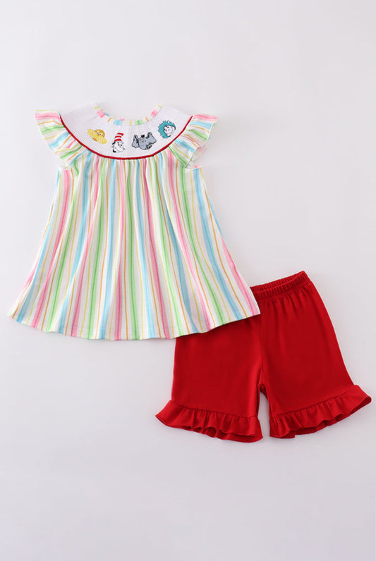 Stripe Dr. Seuss Embroidery Smocked Girl’s Short Set