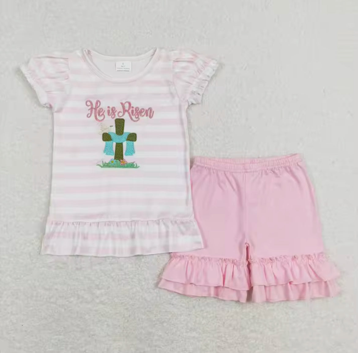 Girl’s “He is Risen” Embroidered Shirt with Shorts Set