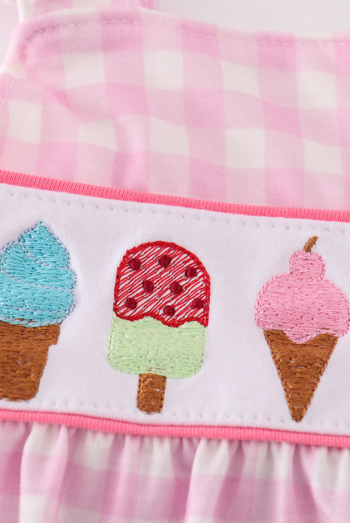 Girl’s Pink Ice Cream Embroidered Gingham Bubble