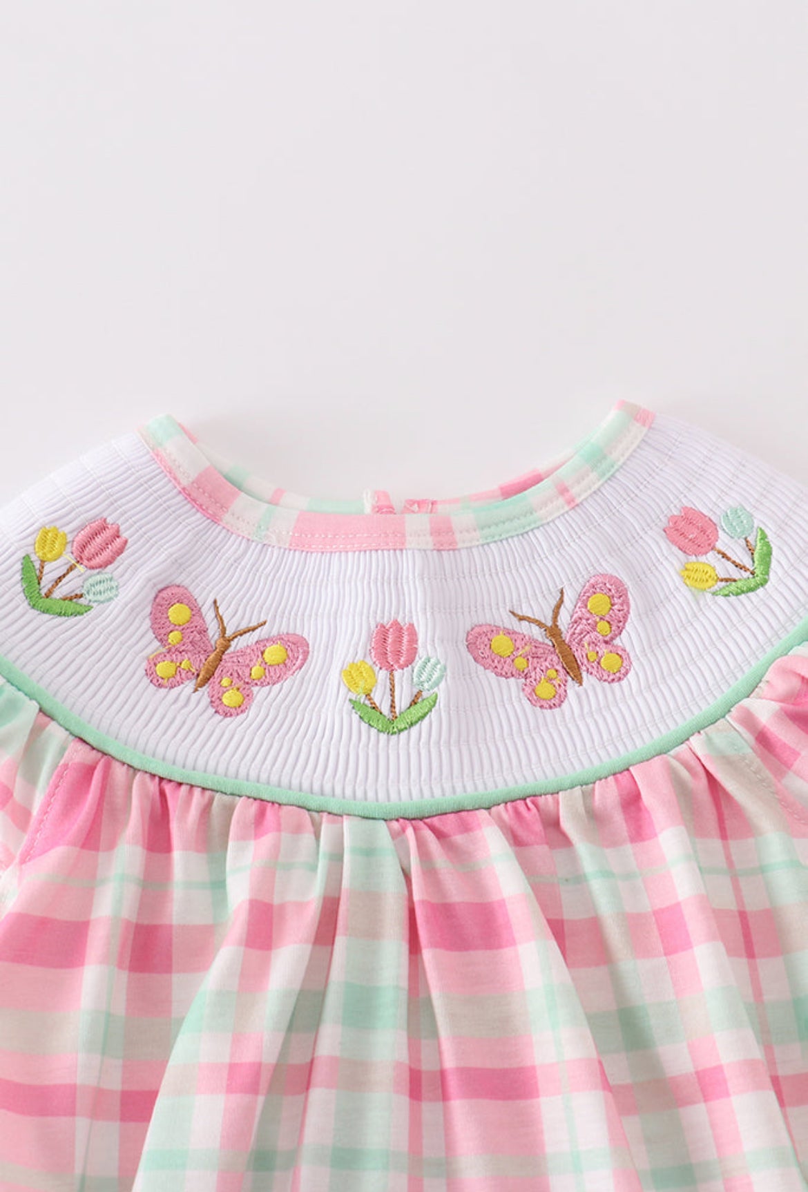 Pink Floral Butterfly Embroidery Smocked Plaid Bloomer Set