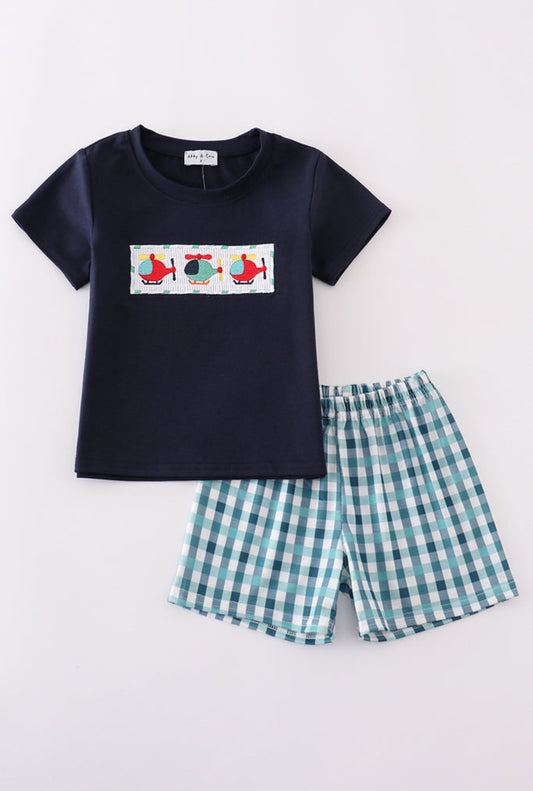 Boy’s Navy Helicopter Embroidered Smocked Short Set