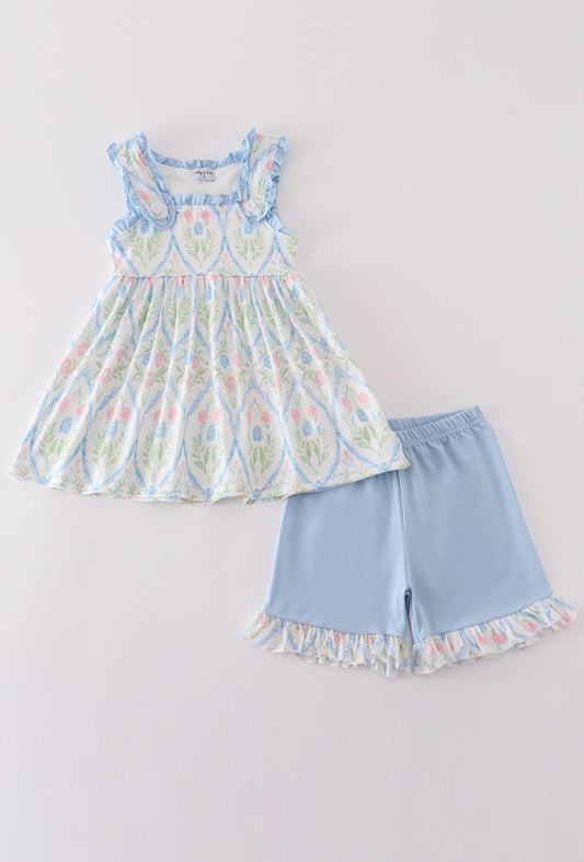 Girl’s Blue Floral Print Shorts Set