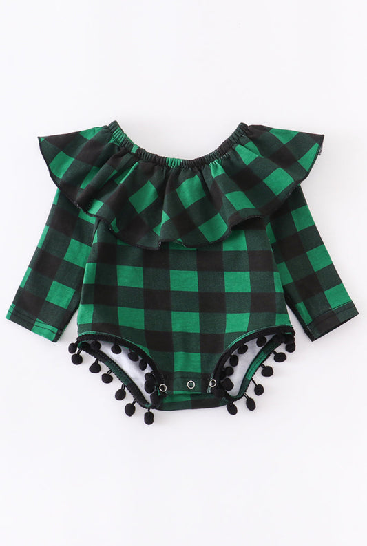 Green Check Ruffle Baby Girl Romper