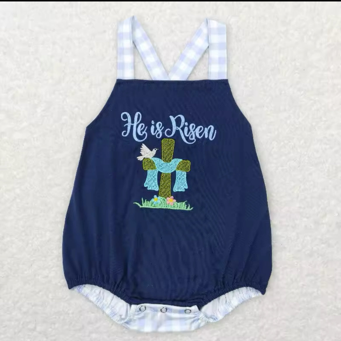 Baby Boy’s “He is Risen” Embroidered Romper