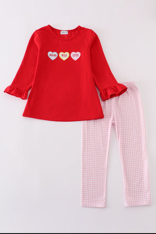 Red Valentine’s Day Heart Embroidery Girl’s Pant Set