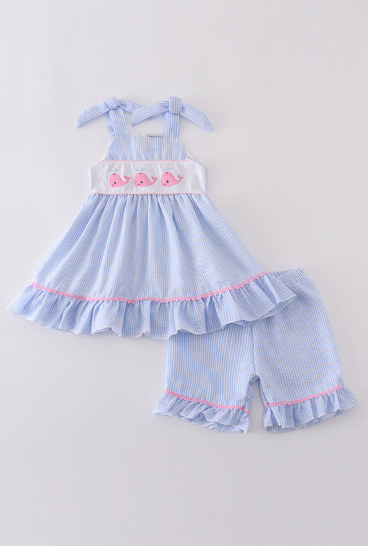 Girl’s Blue Seersucker Whale Embroidery Short Set