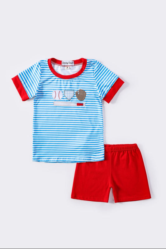 Boy’s Blue Stripe Baseball Appliqué Short Set