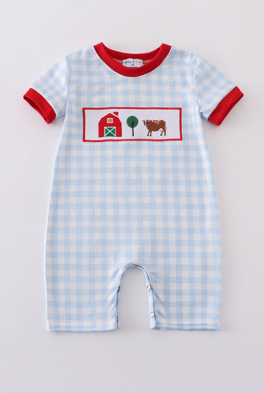 Boy’s Blue Farm Embroidery Romper