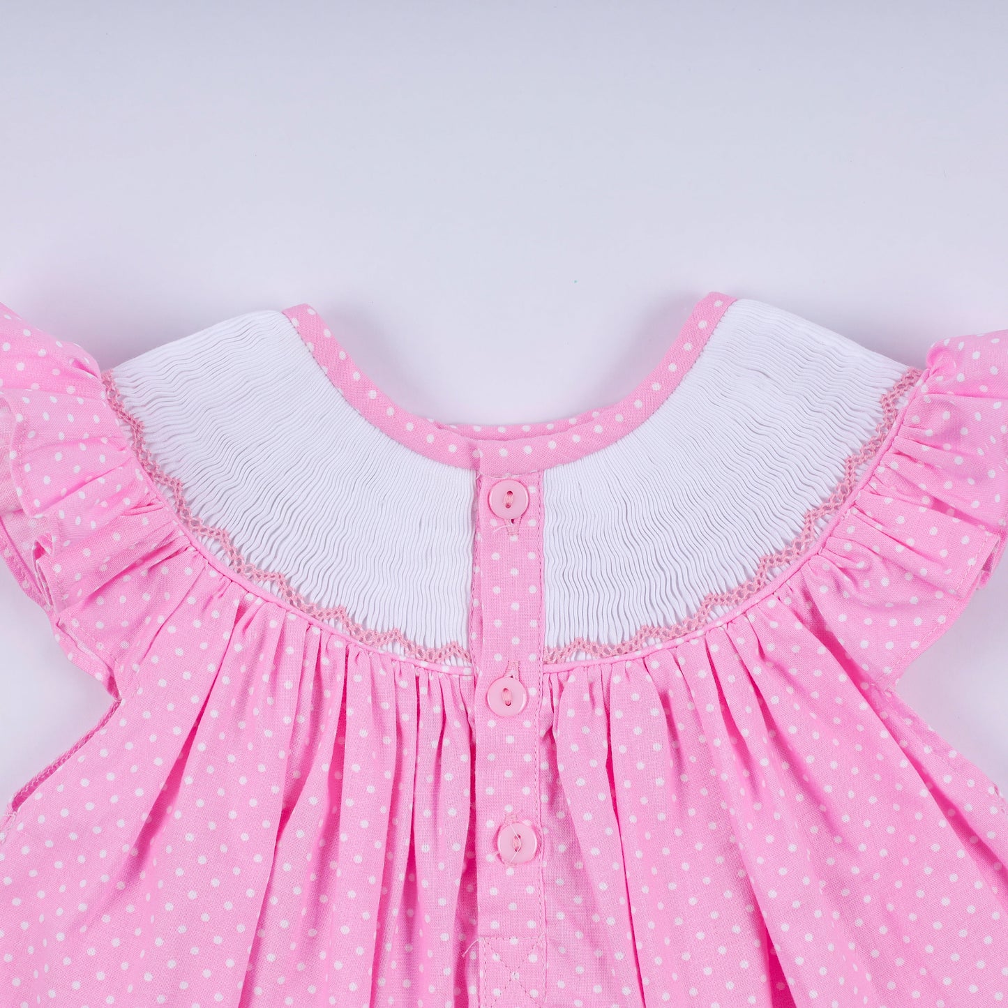 Pink character hand smocked dot ruffle bloomer set