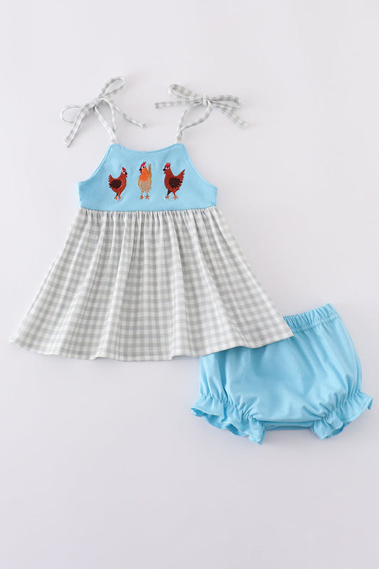 Blue farm chicken embroidery bloomer set