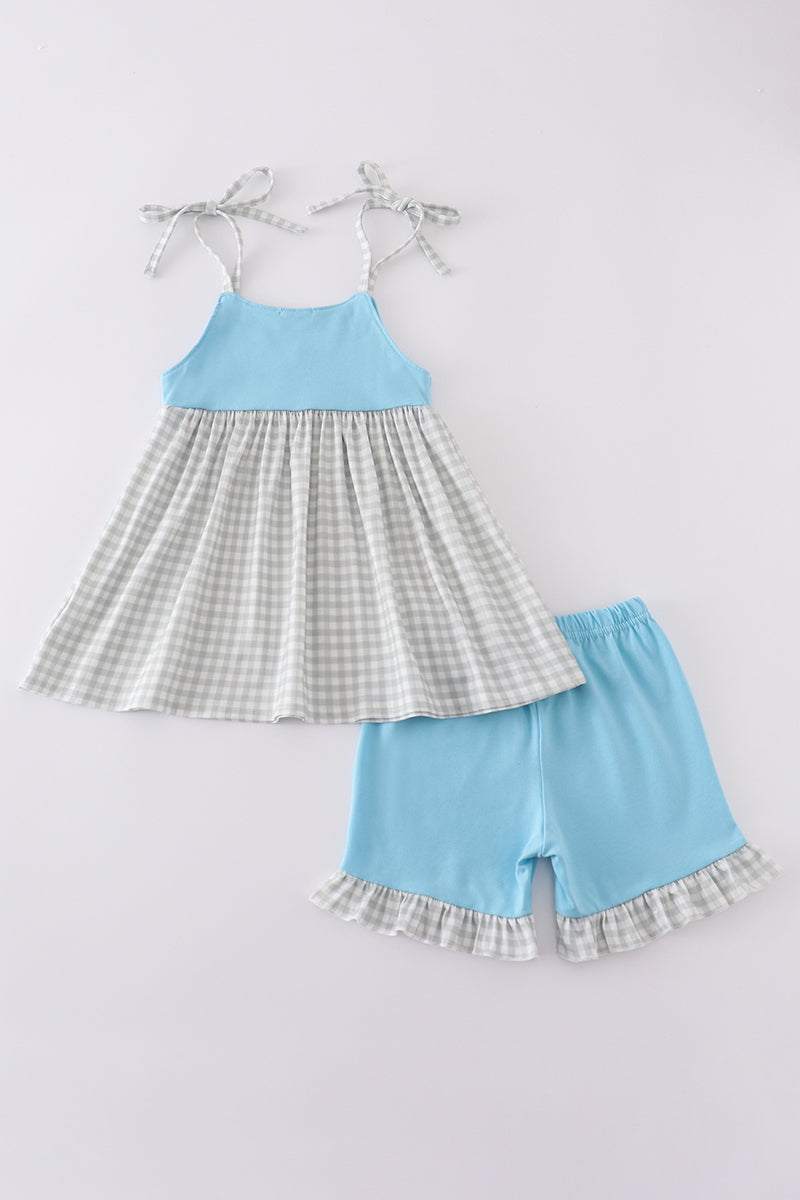 Blue farm chicken embroidery short set