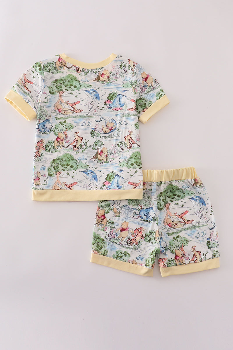 Yellow character print shorts set