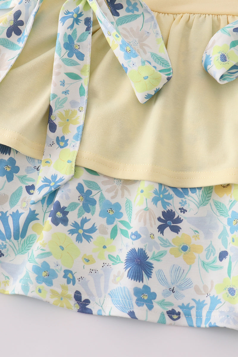 Yellow floral character applique shorts set