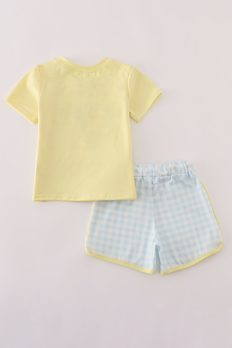Blue character embroidery gingham shorts set