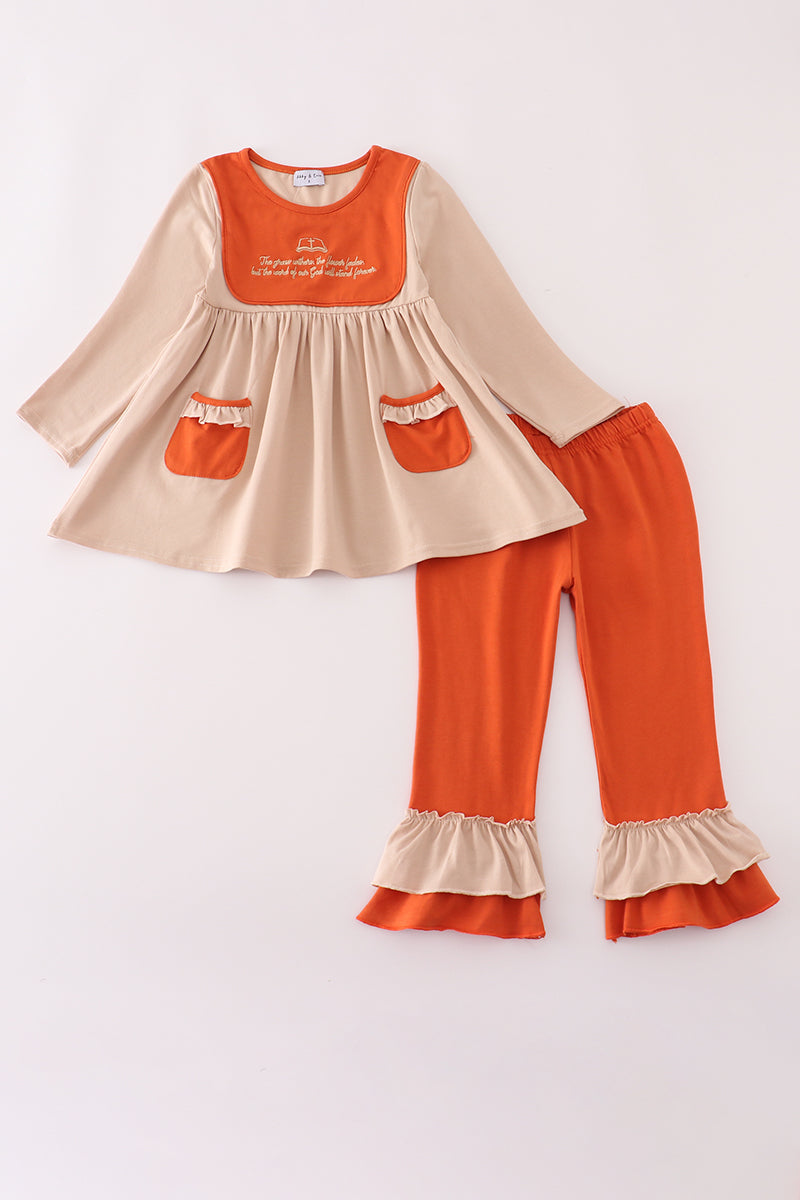 Rust isaiah embroidery ruffle pants set
