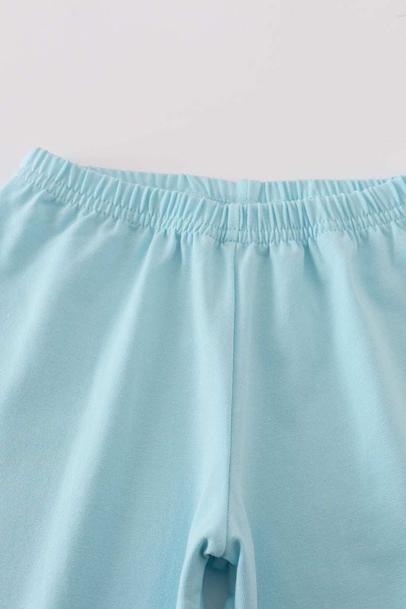 Blue bow & lace print ruffle pants set