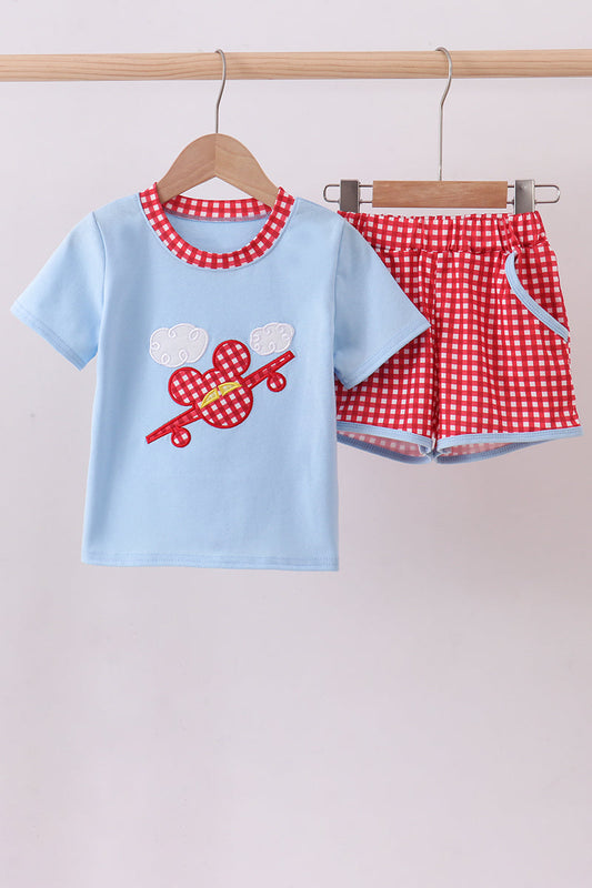 Blue character plane applique shorts set