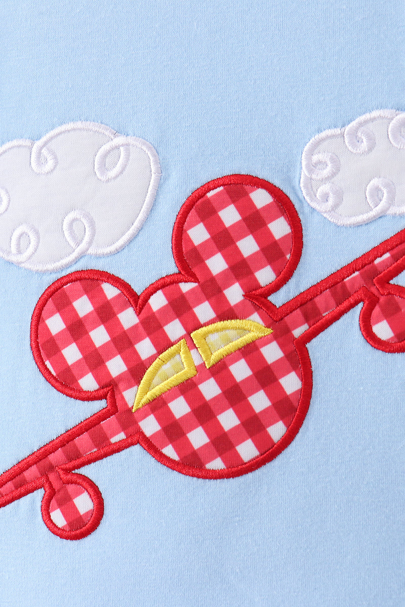 Blue character plane applique shorts set