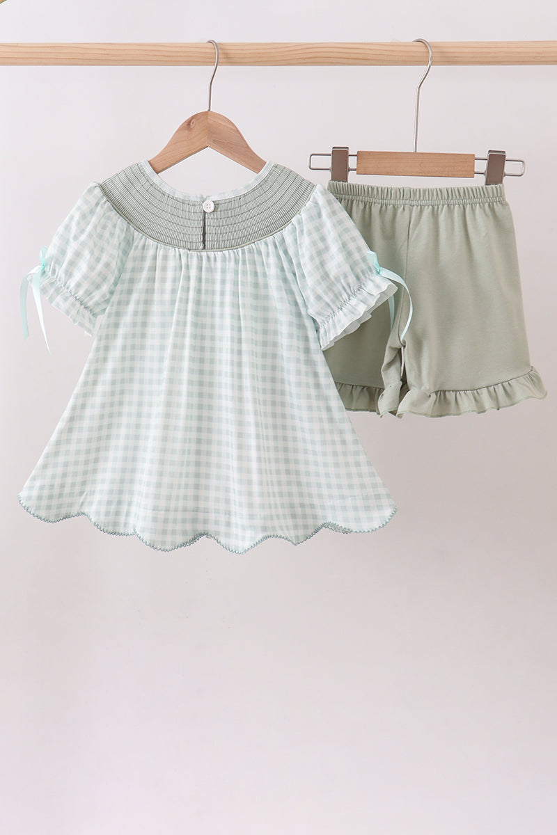 Sage he is risen smocked ruffle shorts set