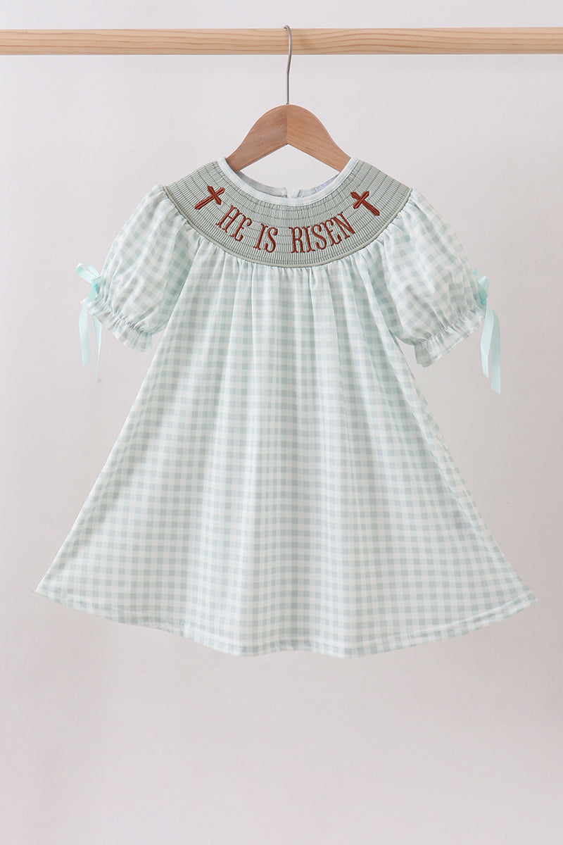 Sage he is risen smocked gingham dress
