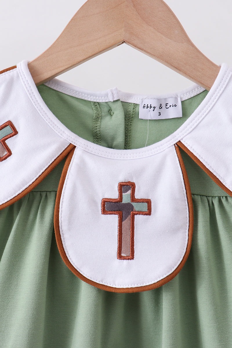 Green camoflage cross applique dress
