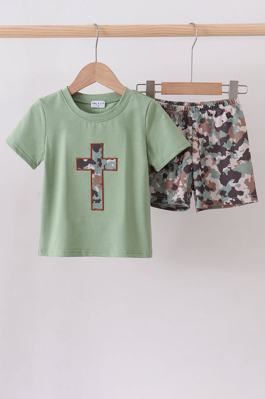 Green camoflage cross applique shorts set