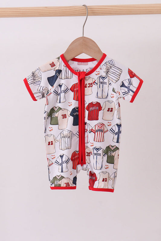 Red baseball bamboo romper