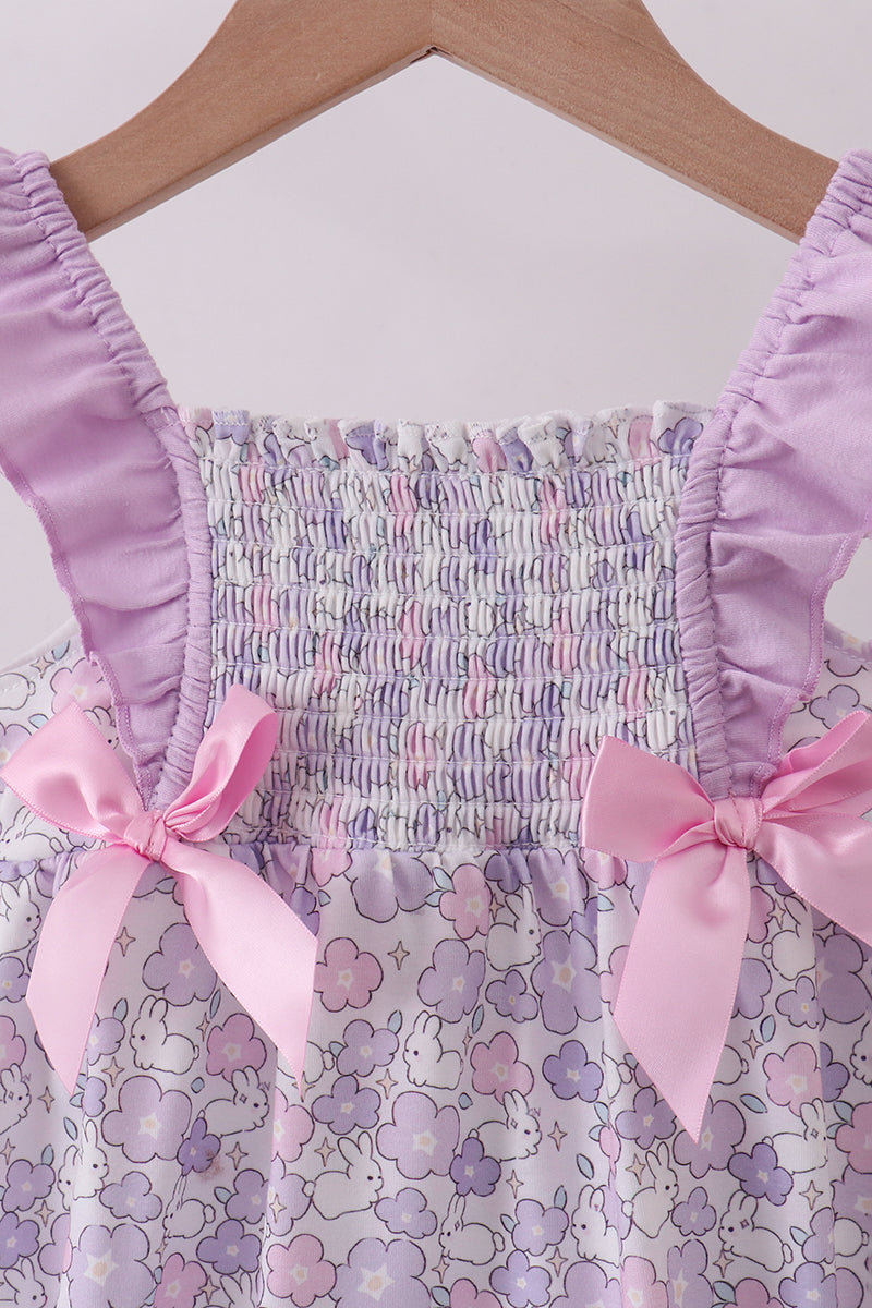 Purple floral smocked ruffle bubble