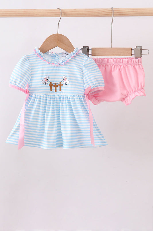 Blue cross embroidery ruffle stripe bloomer set