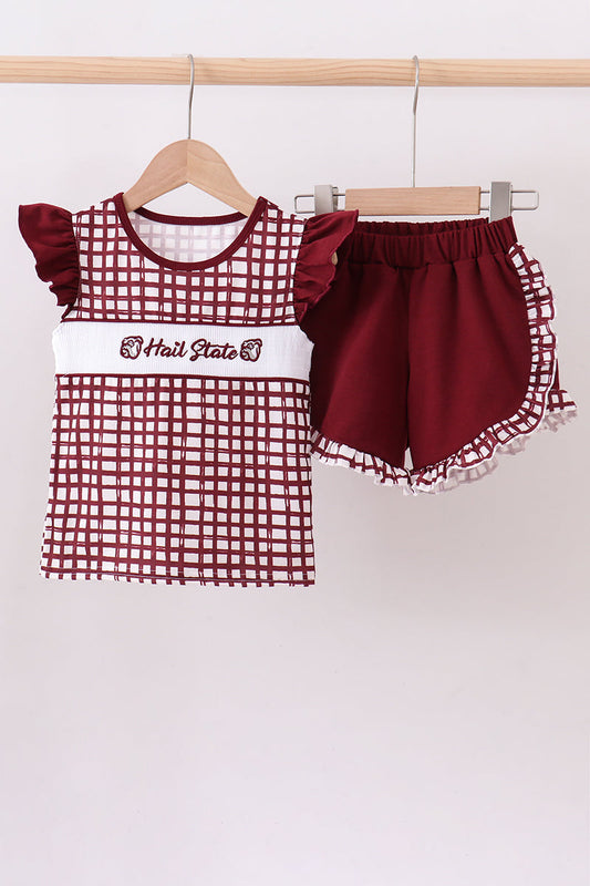 Mississippi Hail State smocked ruffle gingham shorts set
