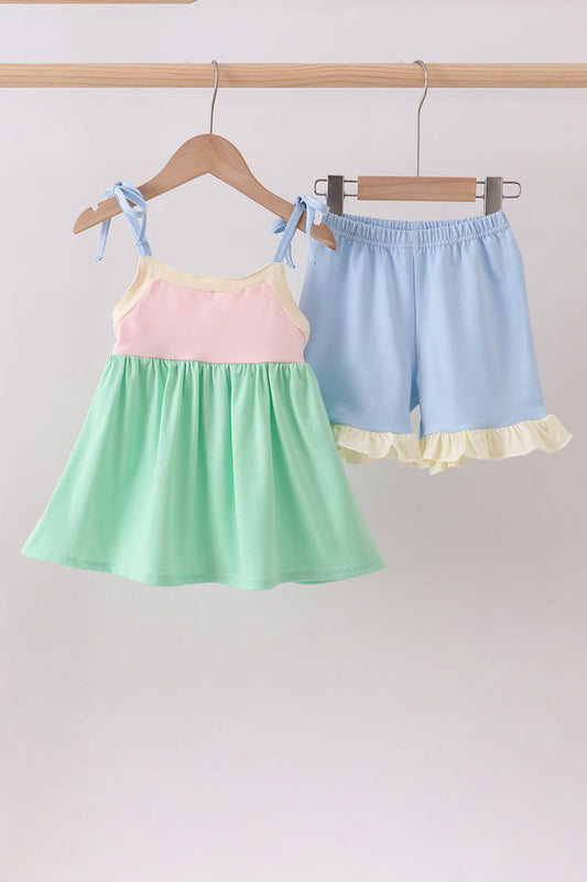 Color block ruffle shorts set