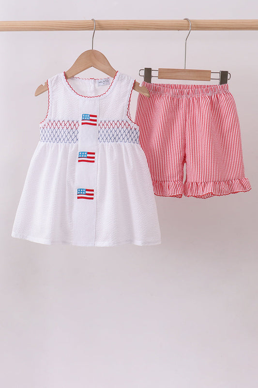 Pink flag smocked ruffle shorts set