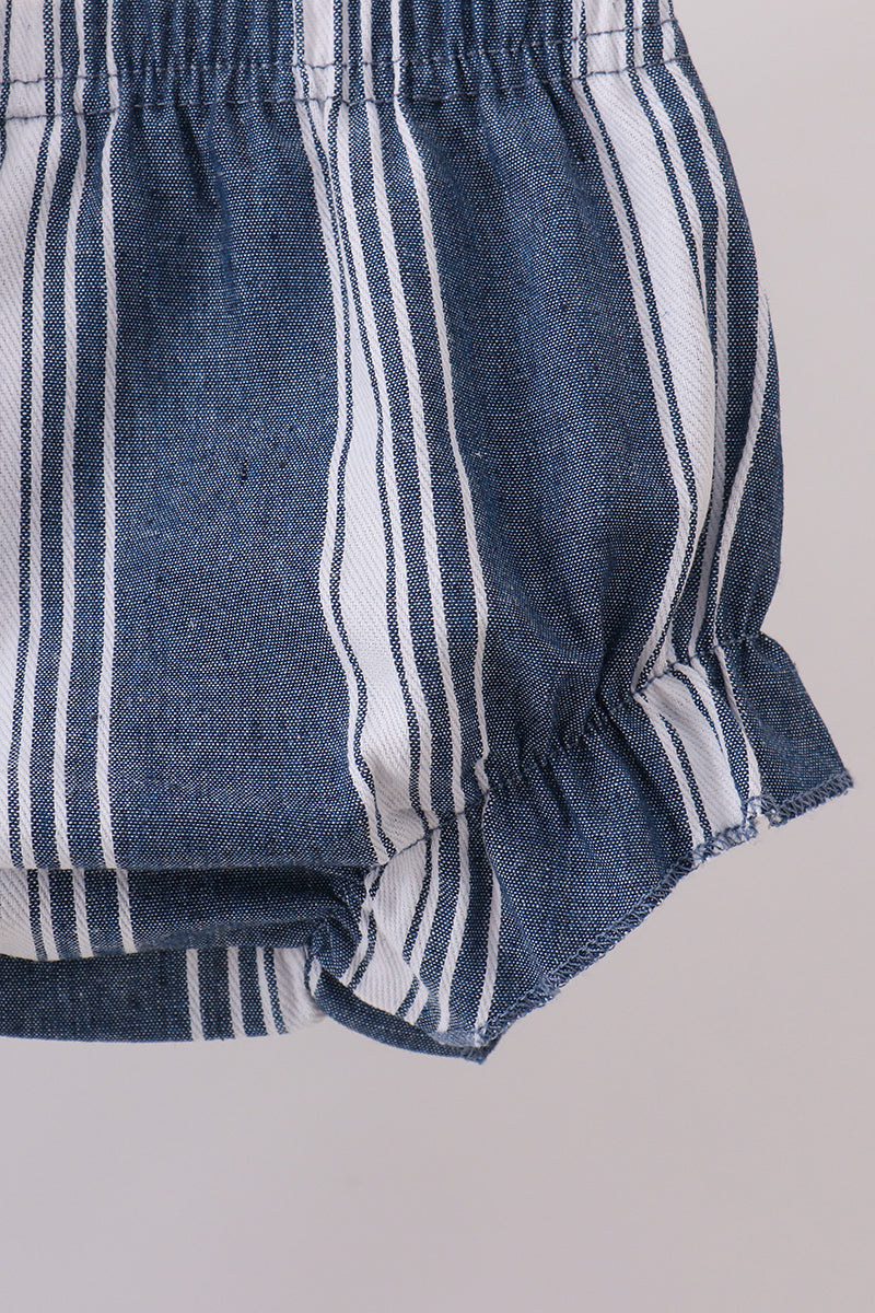 Navy stripe linen ruffle bloomers set