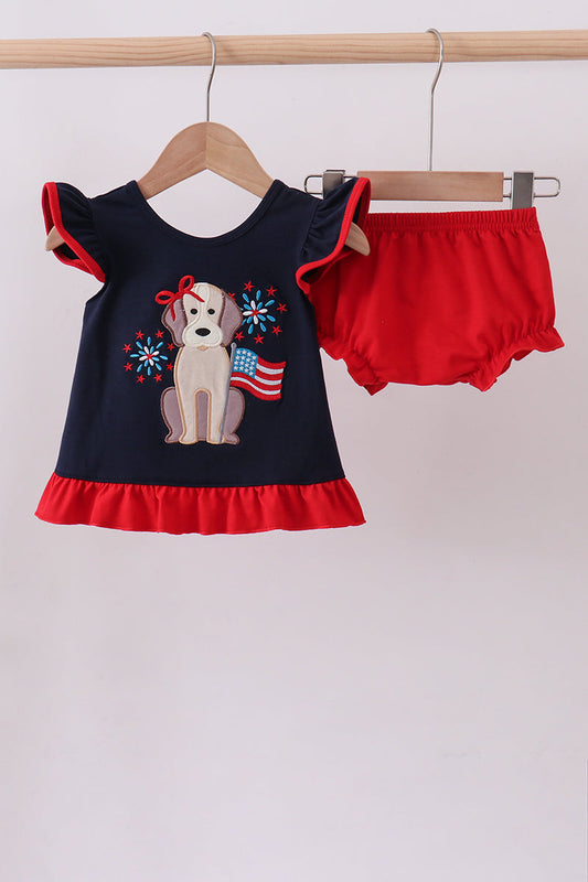 Navy puppy fireworks applique ruffle bloomer set