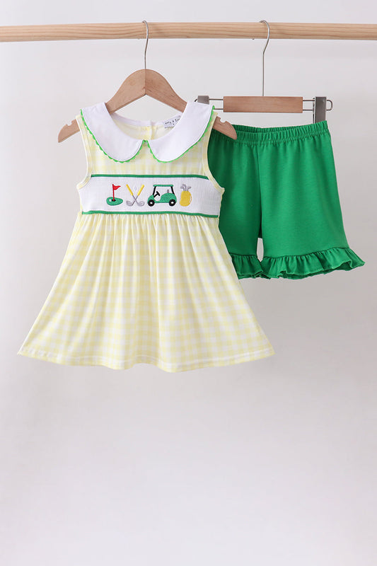 Yellow golf smocked gingham ruffle shorts set