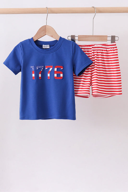 Blue 1776 flag embroidery stripe shorts set