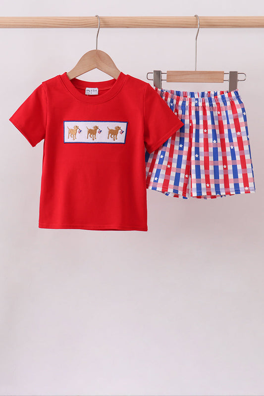 Red puppy embroidery plaid shorts set