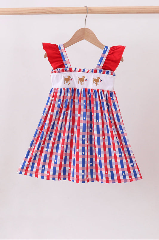 Red puppy embroidery plaid ruffle dress
